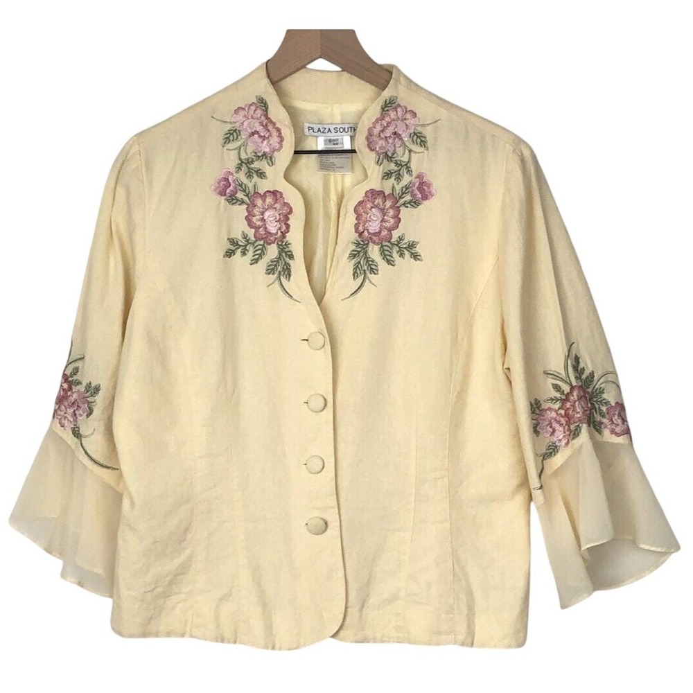 VTG‎ Plaza South Linen Embroidered Jacket Sz 10 Yellow Lined Flutter 3/4 Sleeve